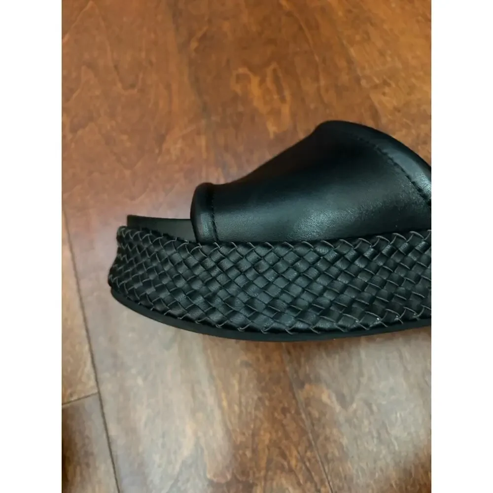Dolce Vita Wimsyn Black Leather Platform Slide with Woven Platform, Size 8.5